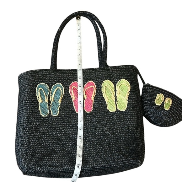 Straw Woven Black Beach Summer Large Tote with Flip Flops design + small bag - Picture 10 of 15